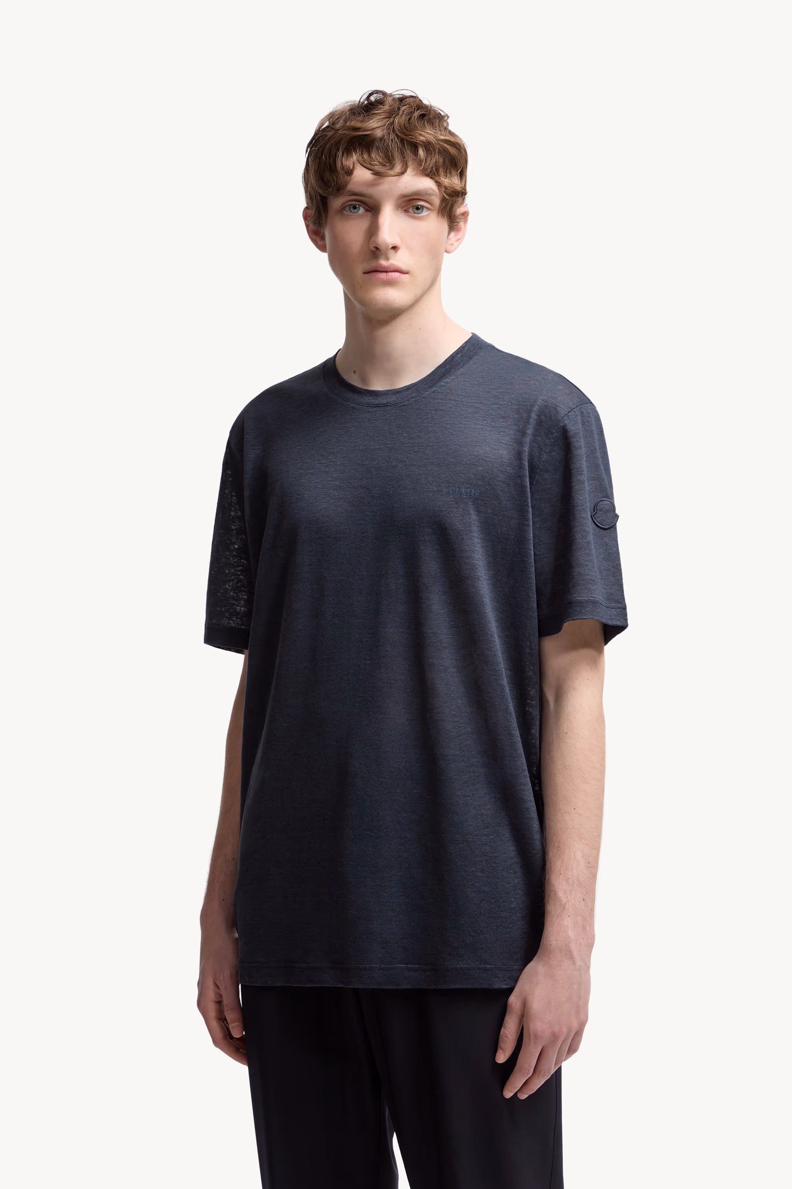 Logo Linen T-Shirt Men Dark Blue Moncler 3